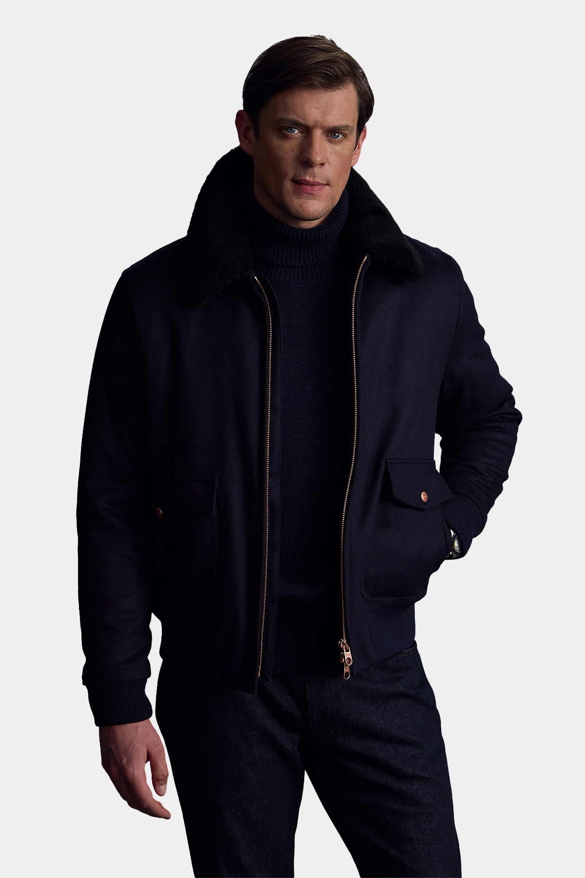 Jacke mit Lammfellkragen in marine