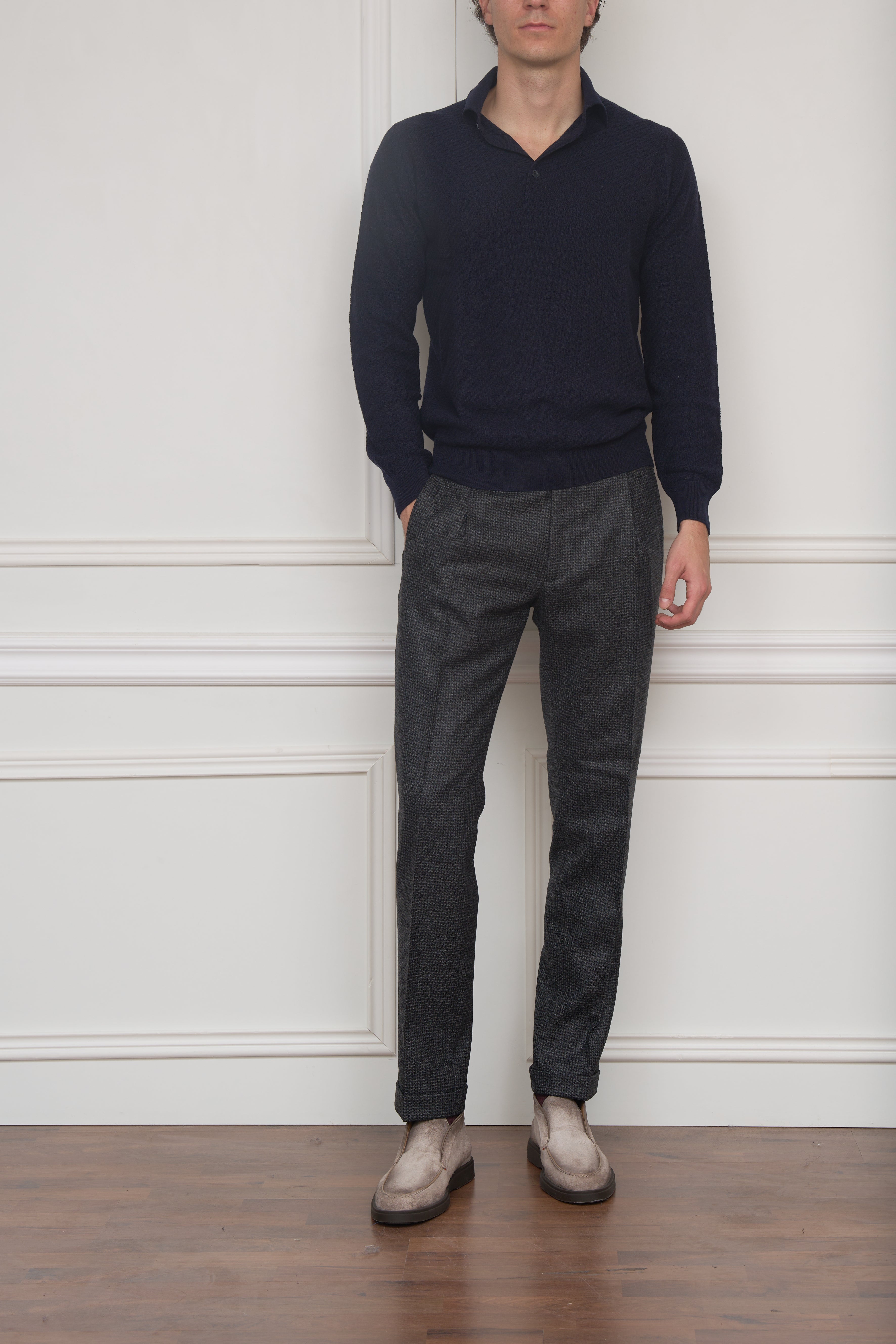 Merino Langarm-Polo in marine