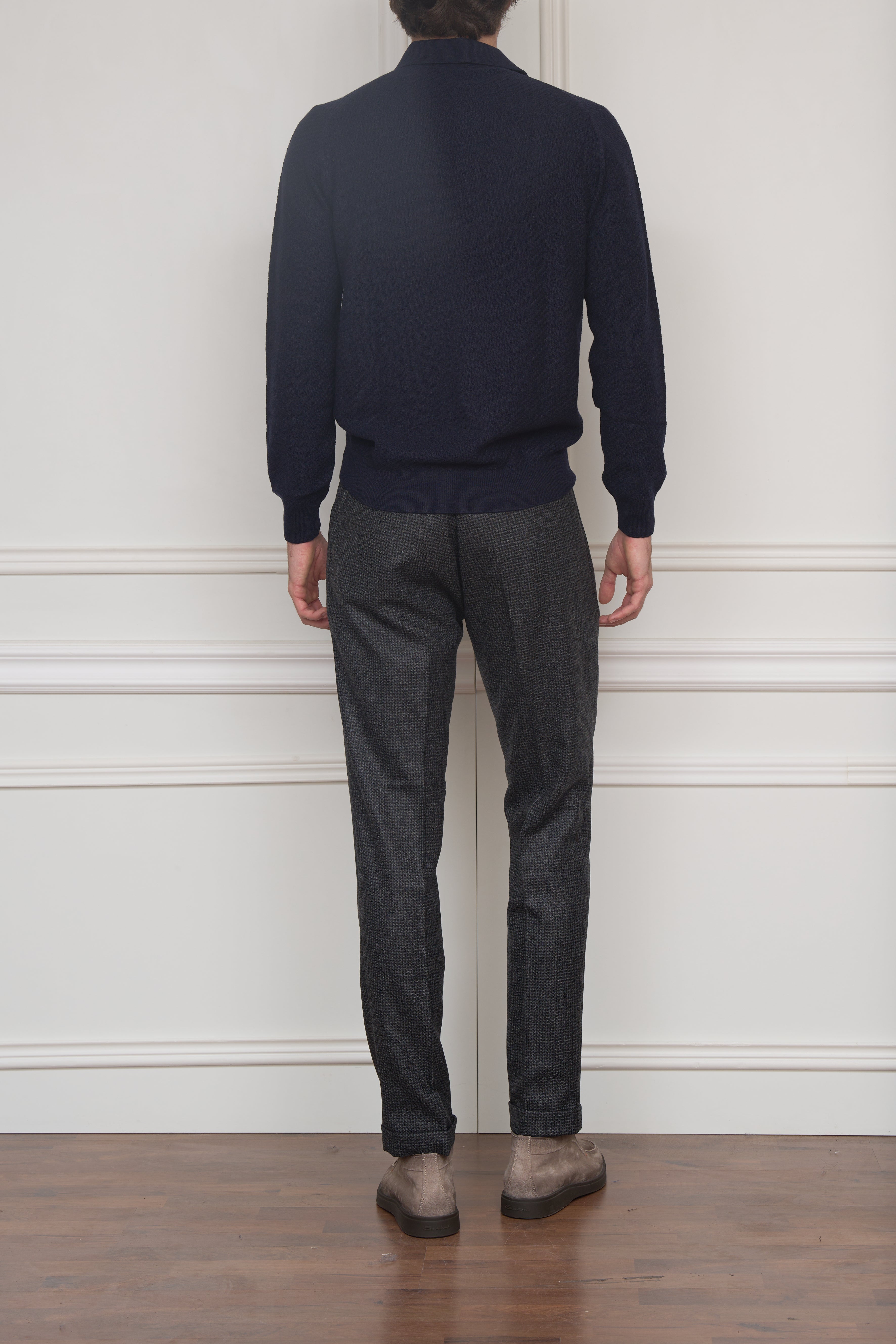 Merino Langarm-Polo in marine