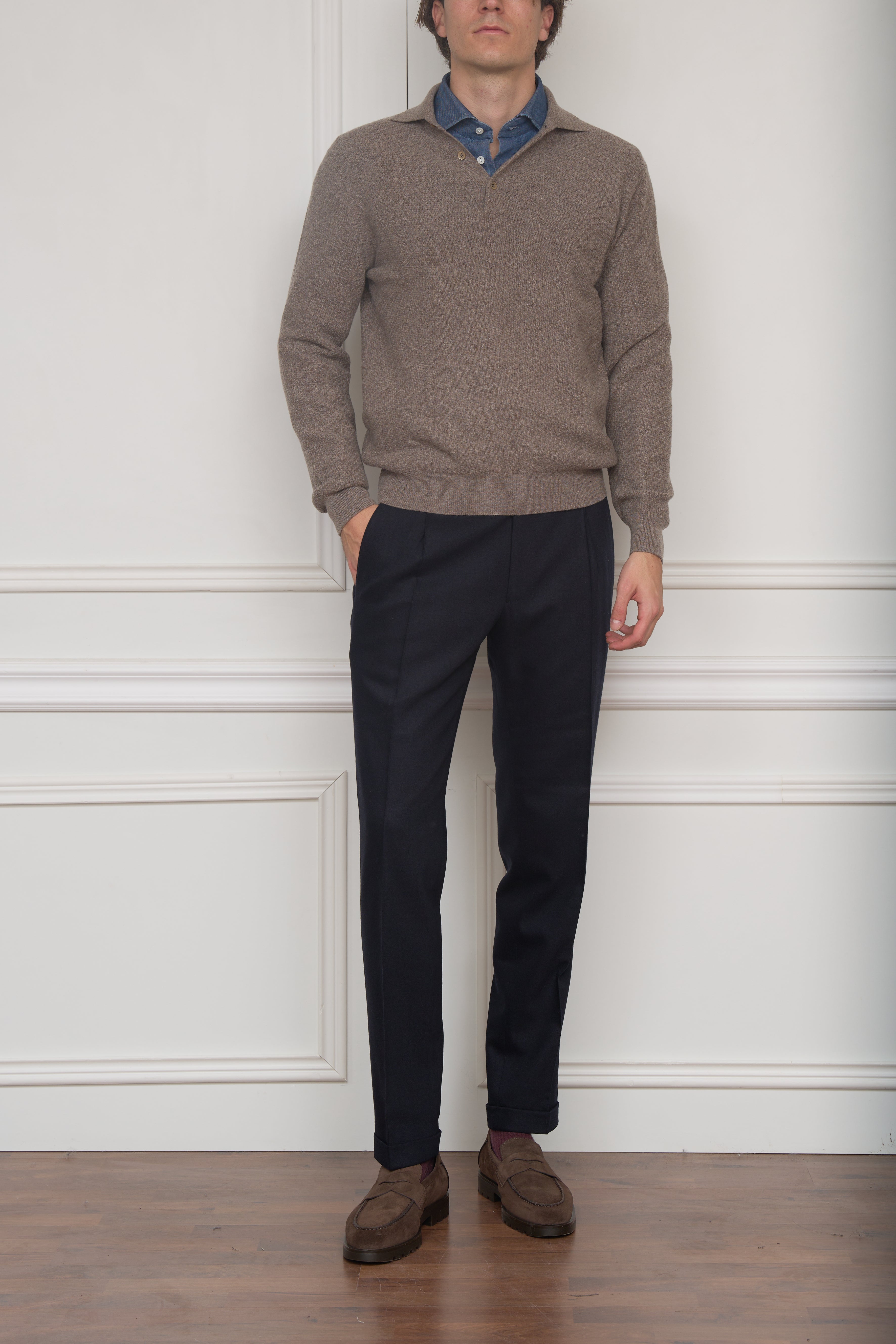 Langarm-Polo mit Struktur in taupe