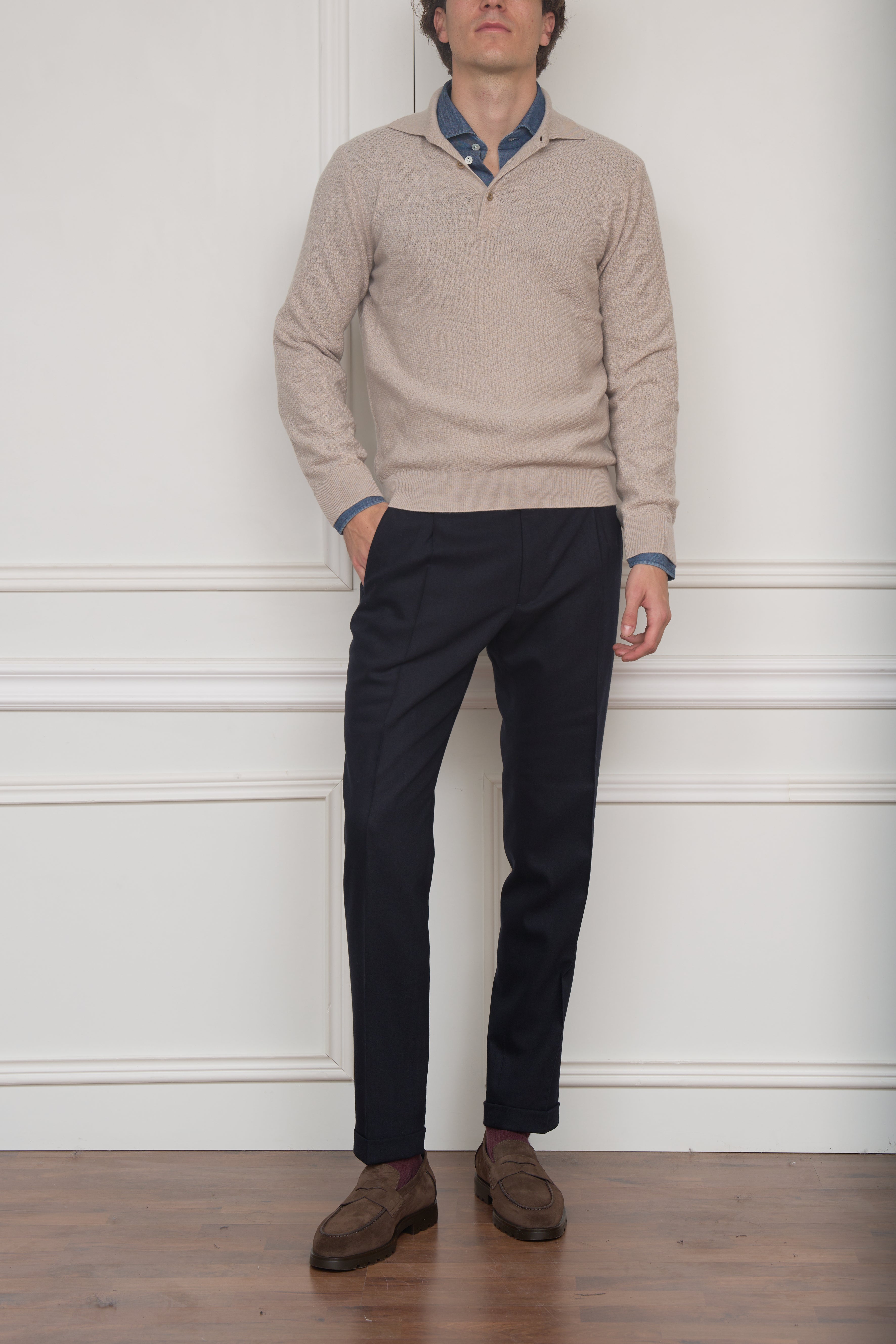 Langarm-Polo mit Struktur in creme