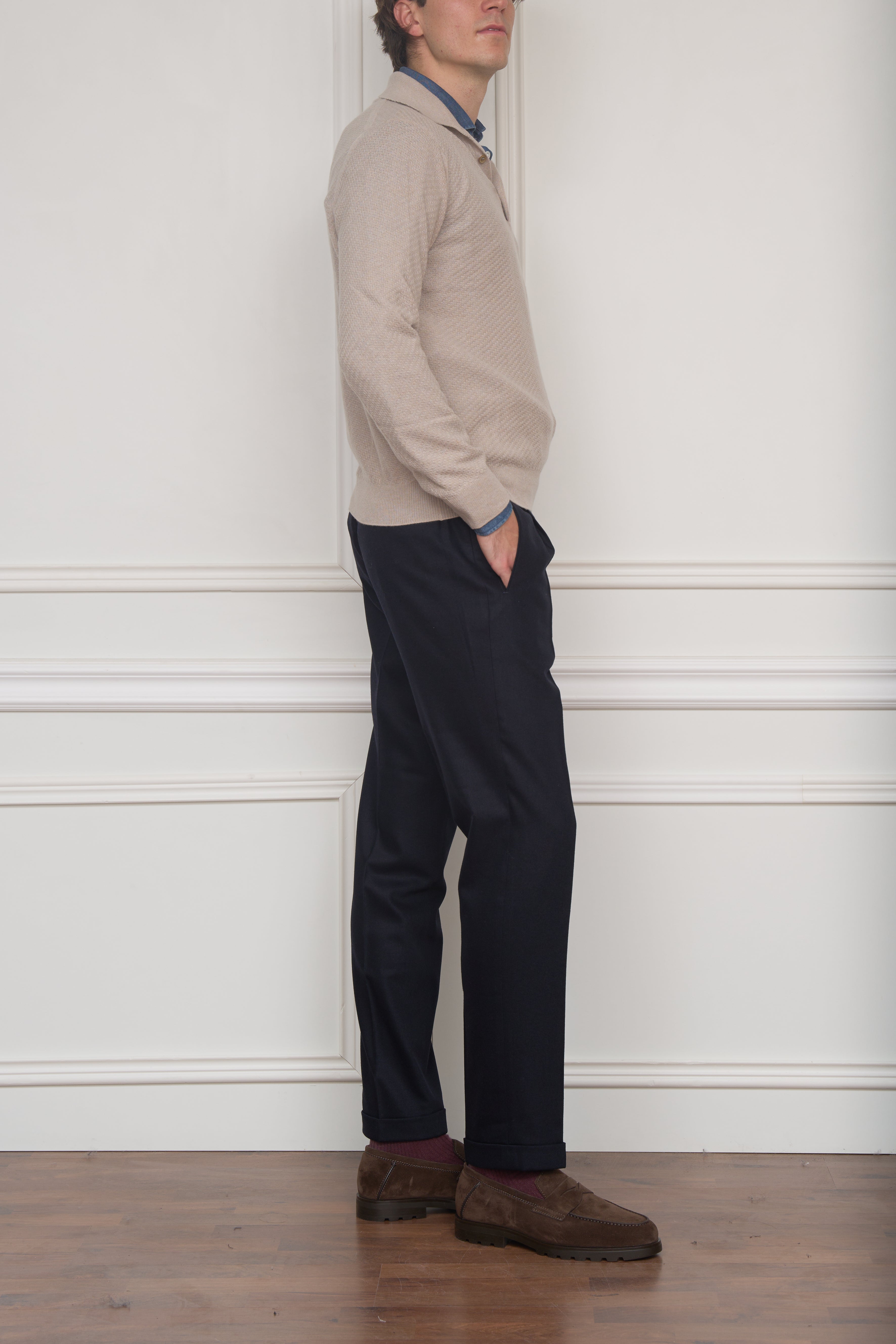 Langarm-Polo mit Struktur in creme