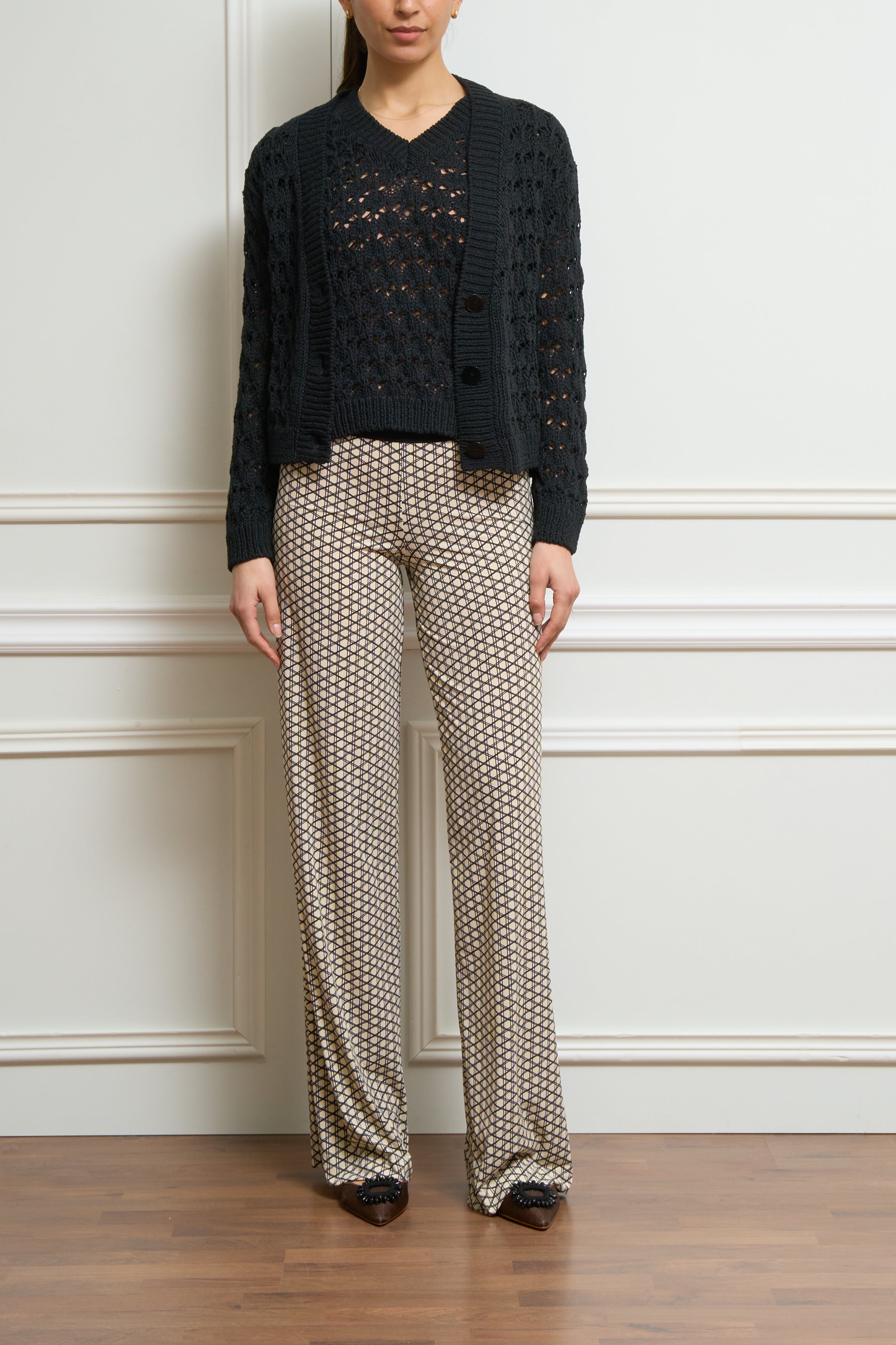 Weite Hose mit Print in beige/schwarz