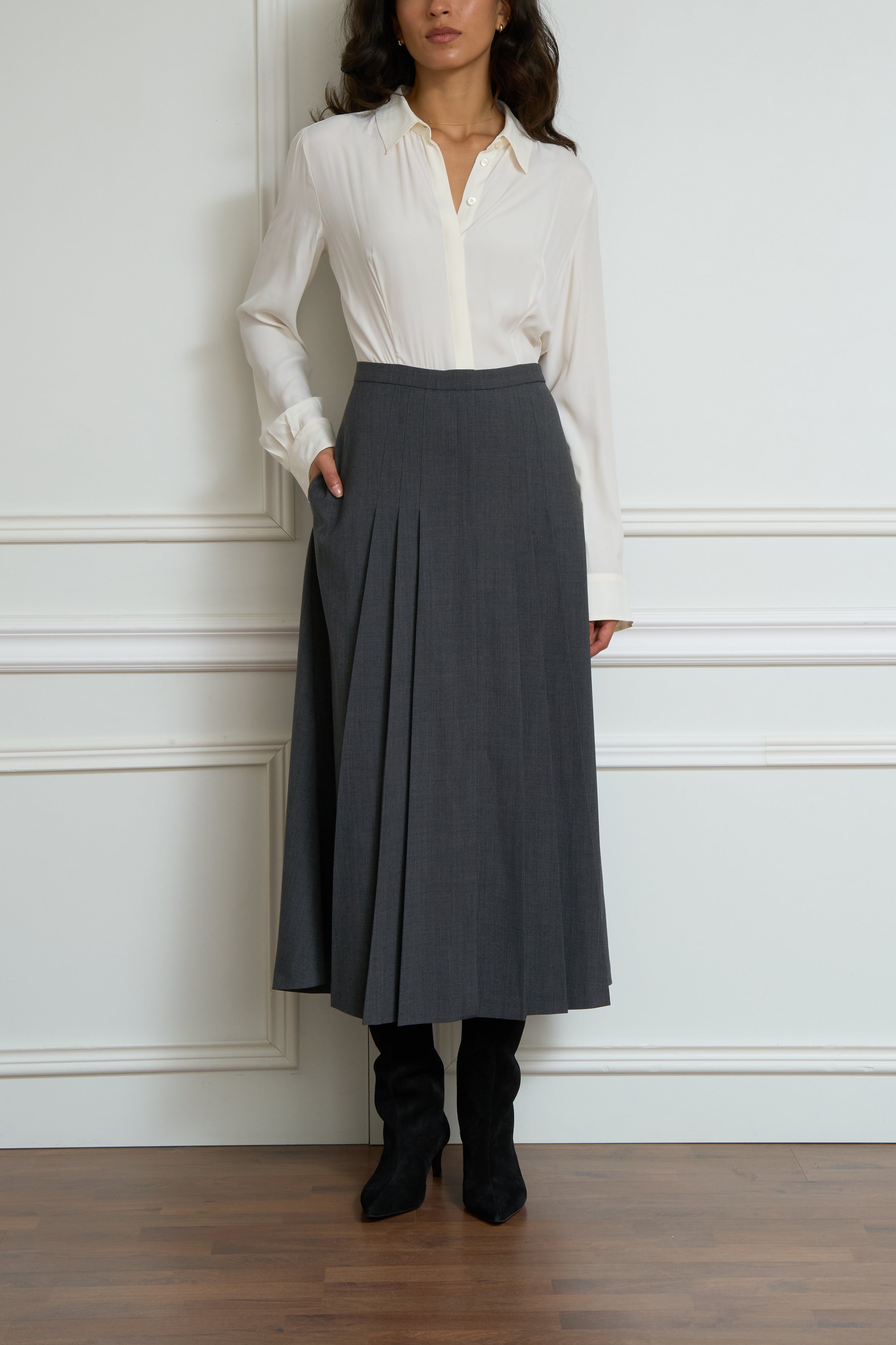Hemdblusenkleid in creme/grau