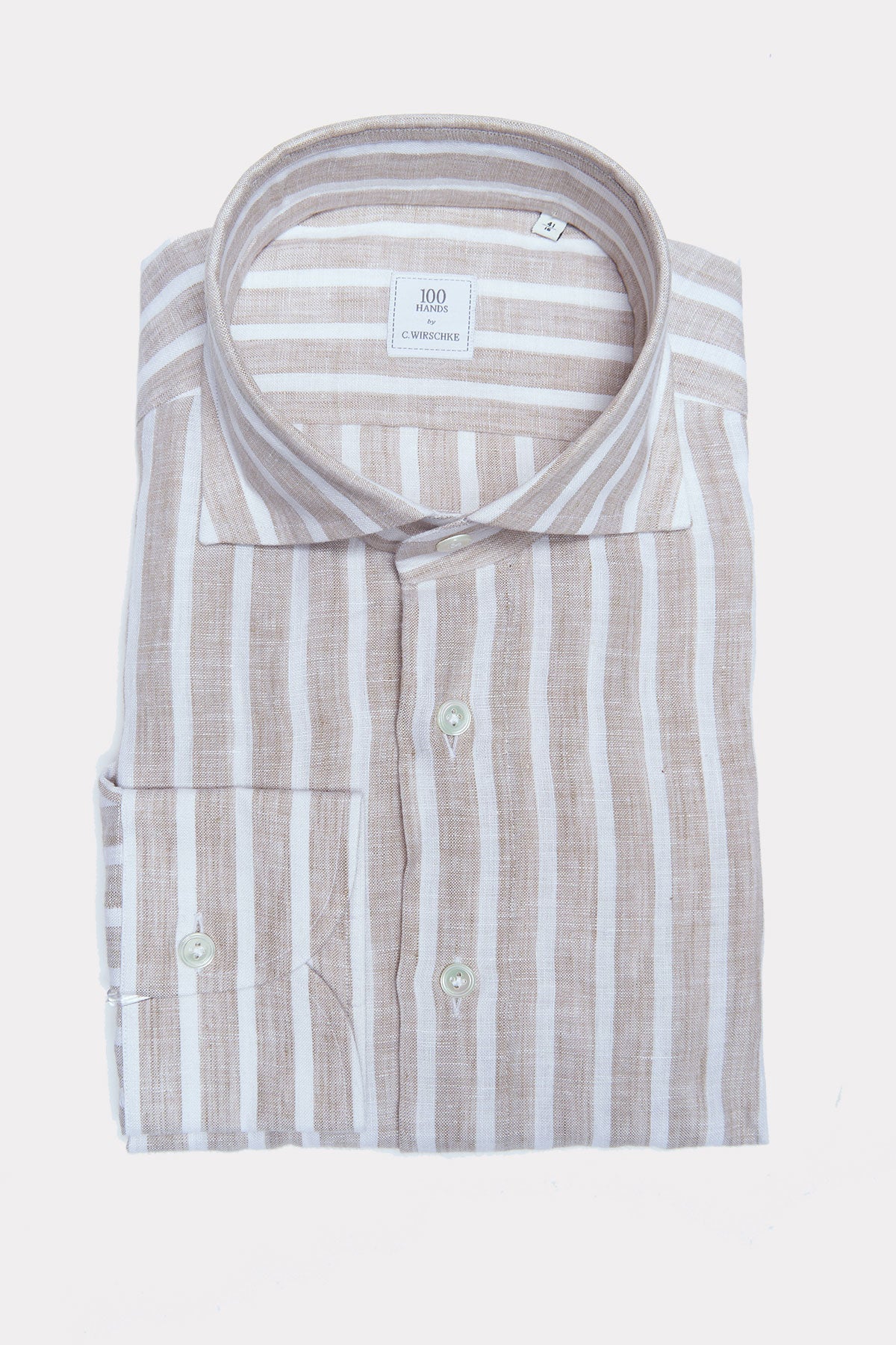 Linen shirt in beige and white stripes with shark collar