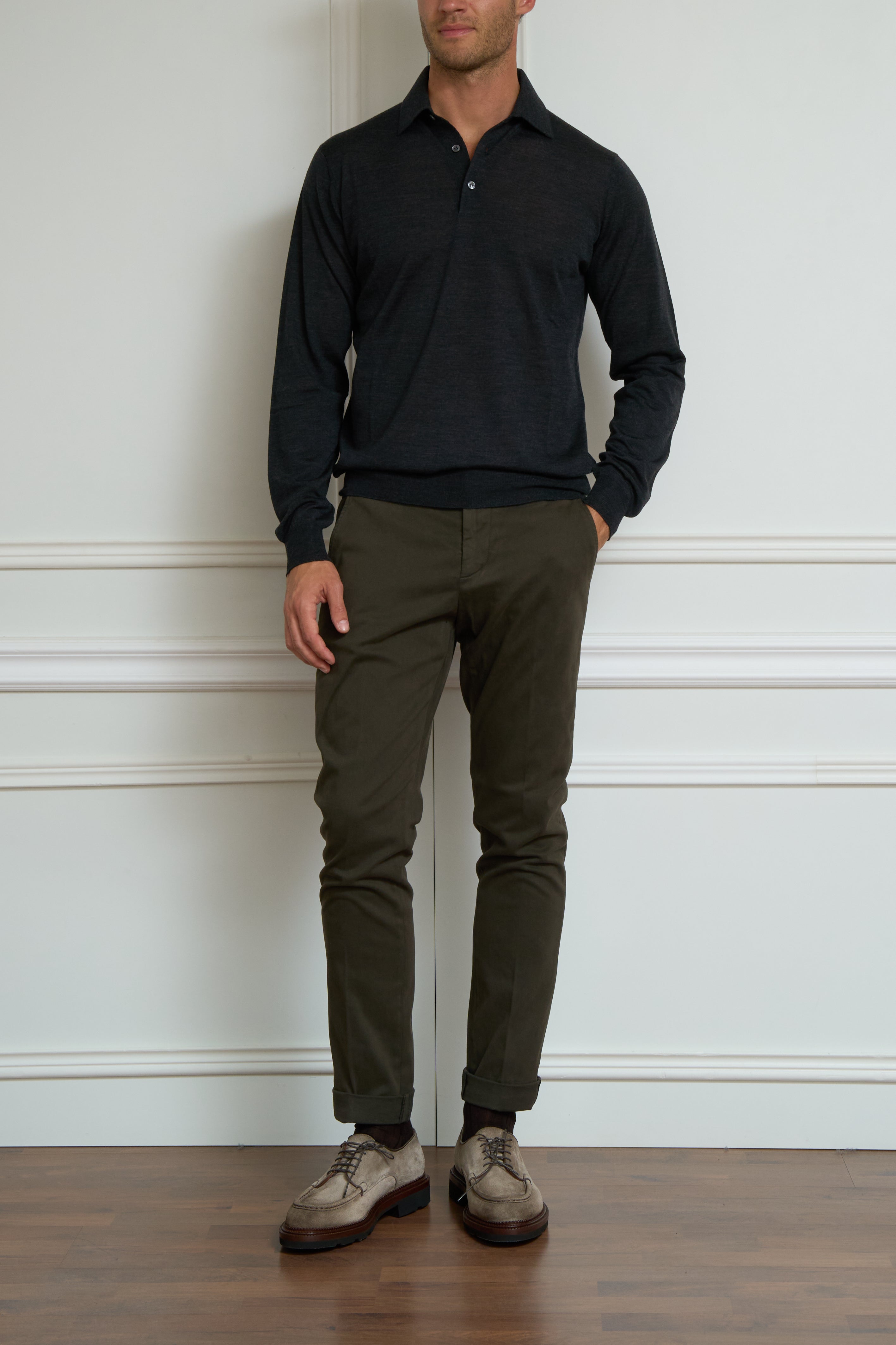 Long-sleeved polo shirt in charcoal