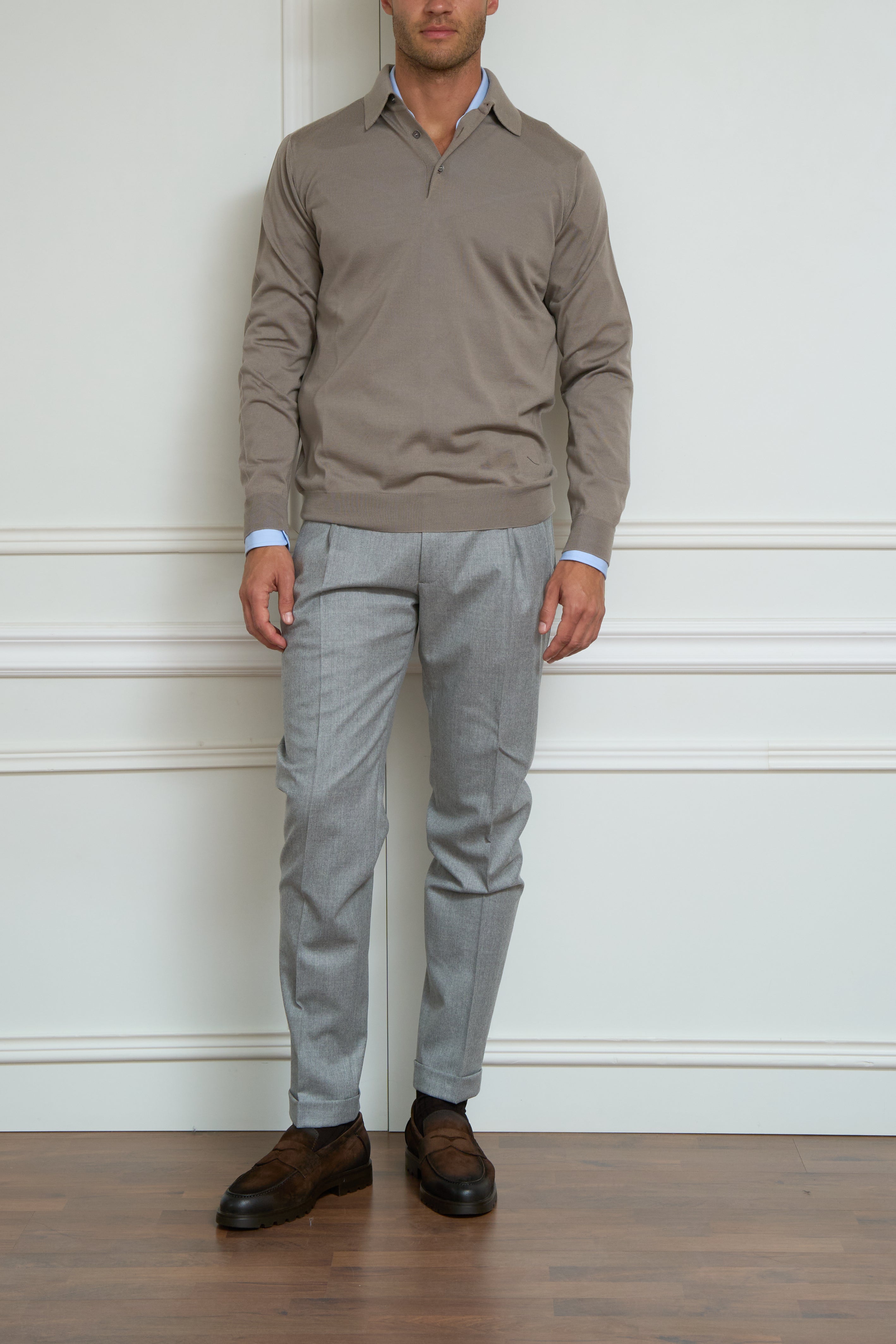 Long-sleeve polo in taupe