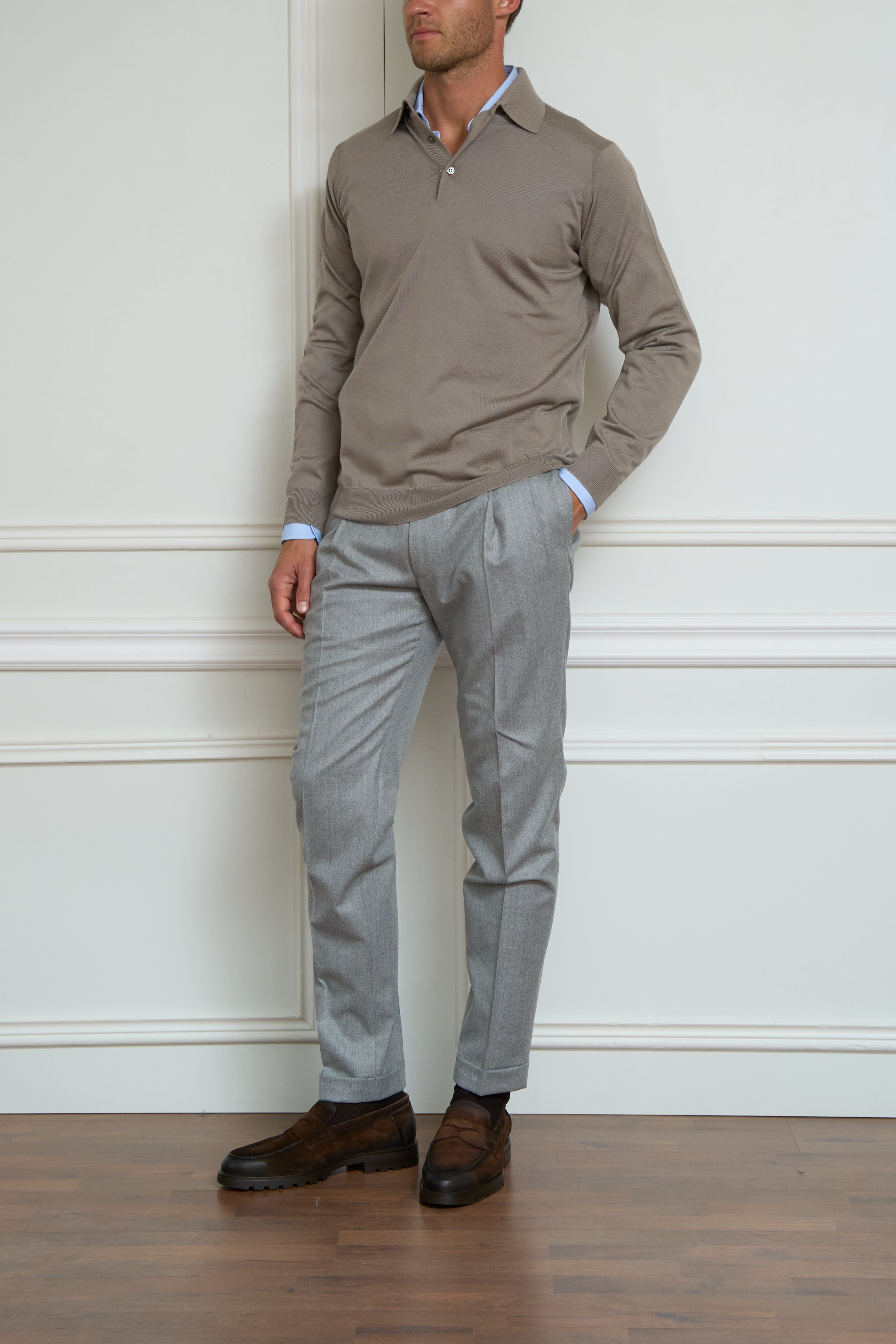 Long-sleeve polo in taupe
