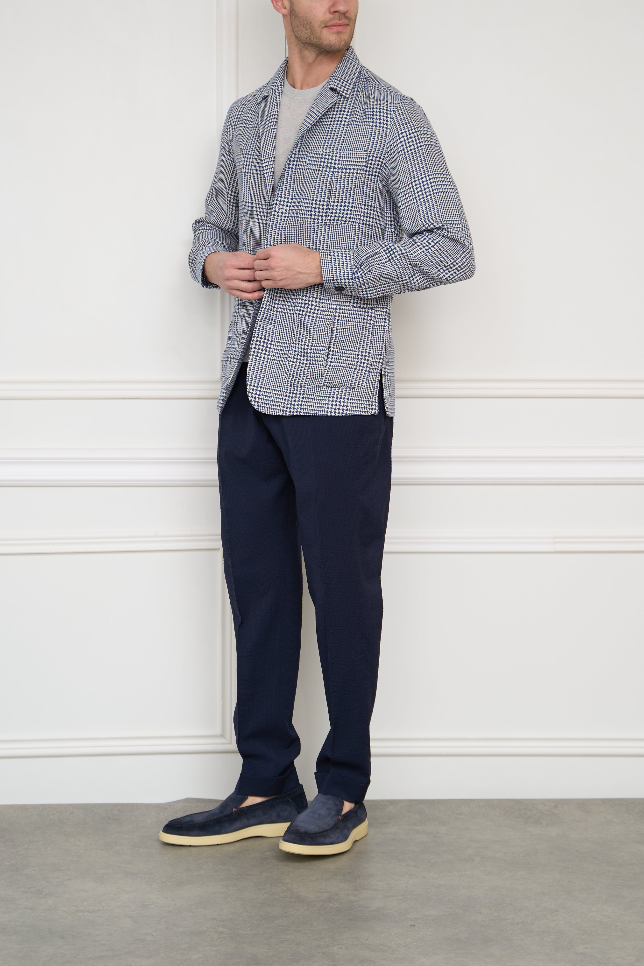 Leinen-Overjacket in blau-weiss kariert