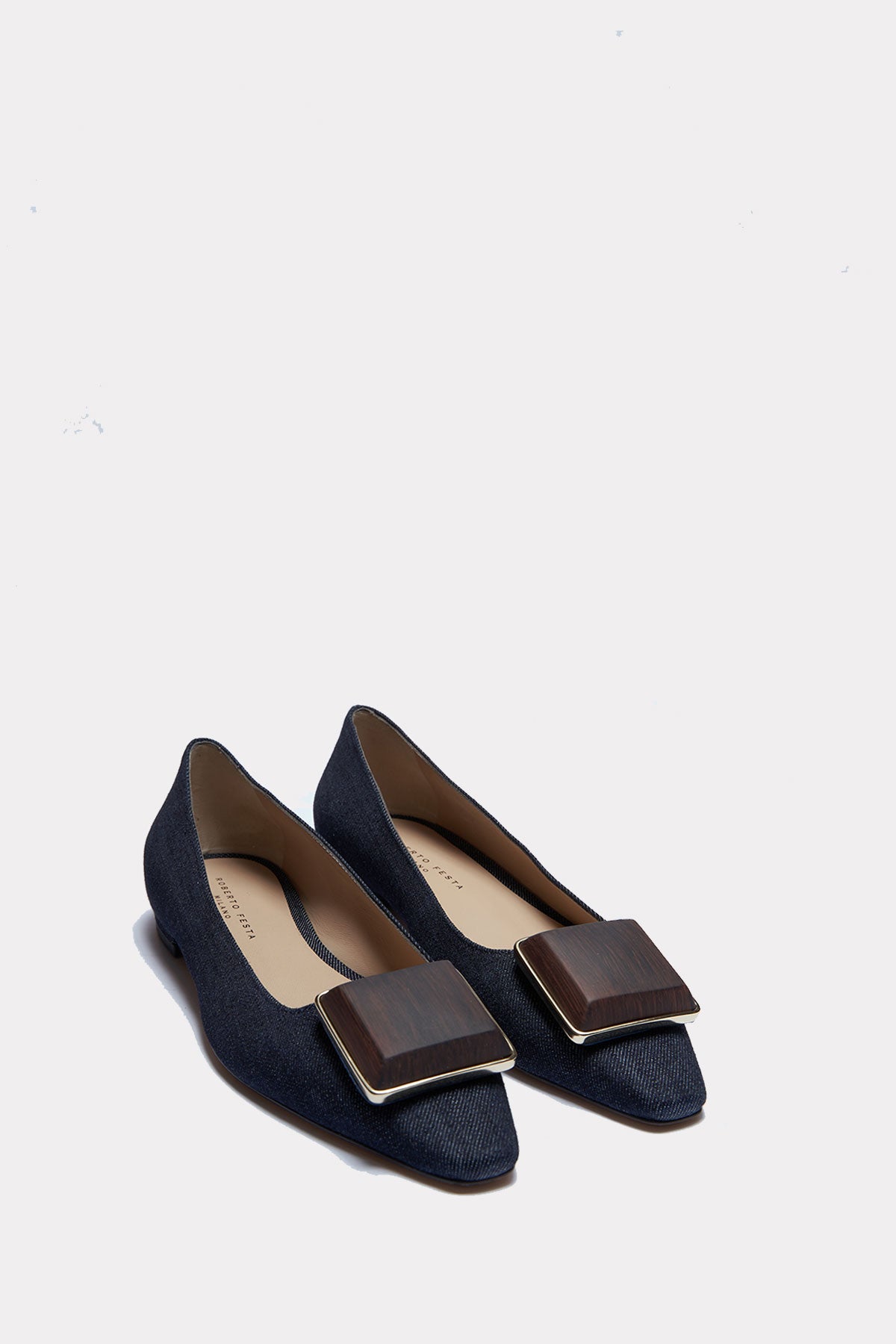 Denim flats with gemstone in blue