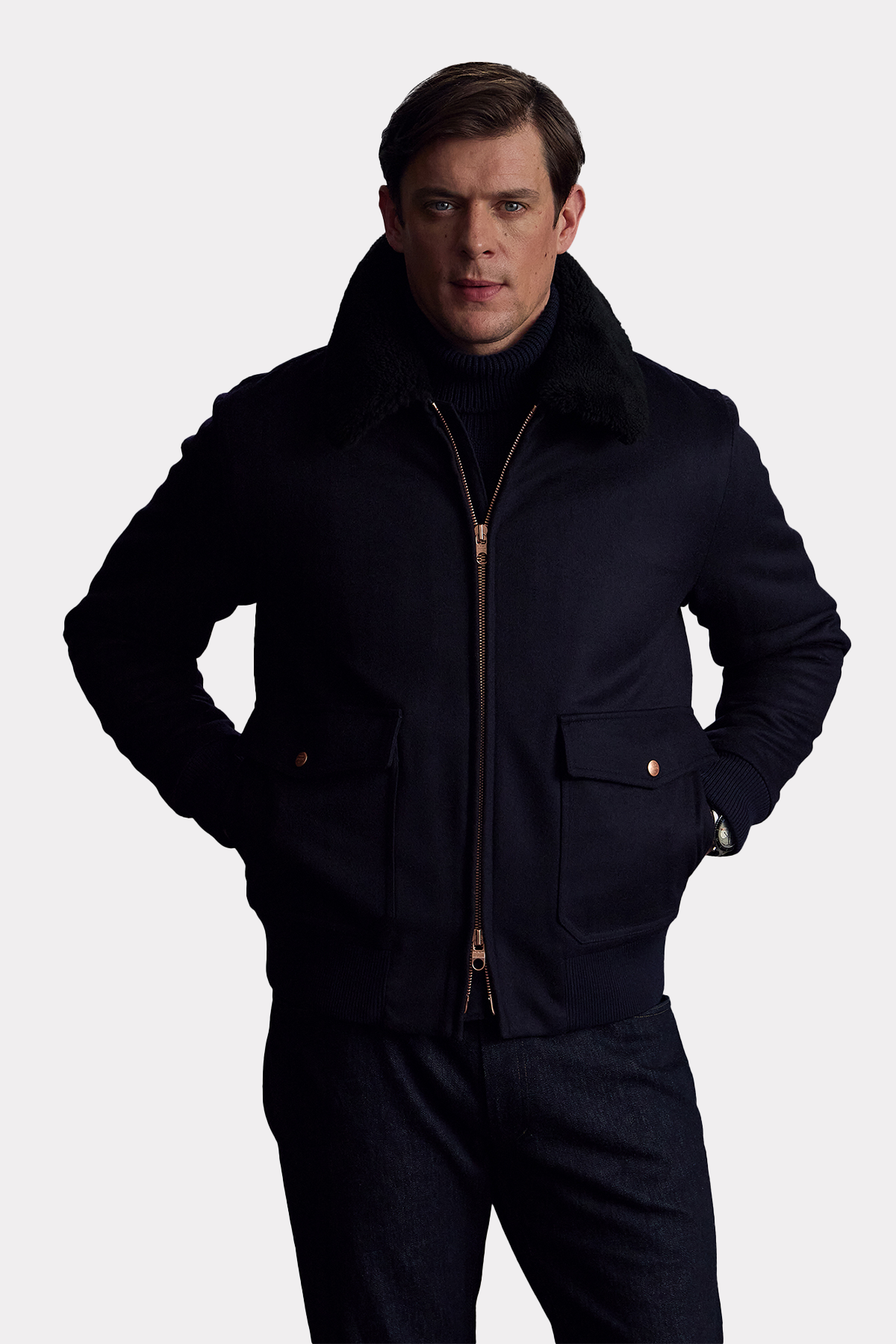 Jacke mit Lammfellkragen in marine