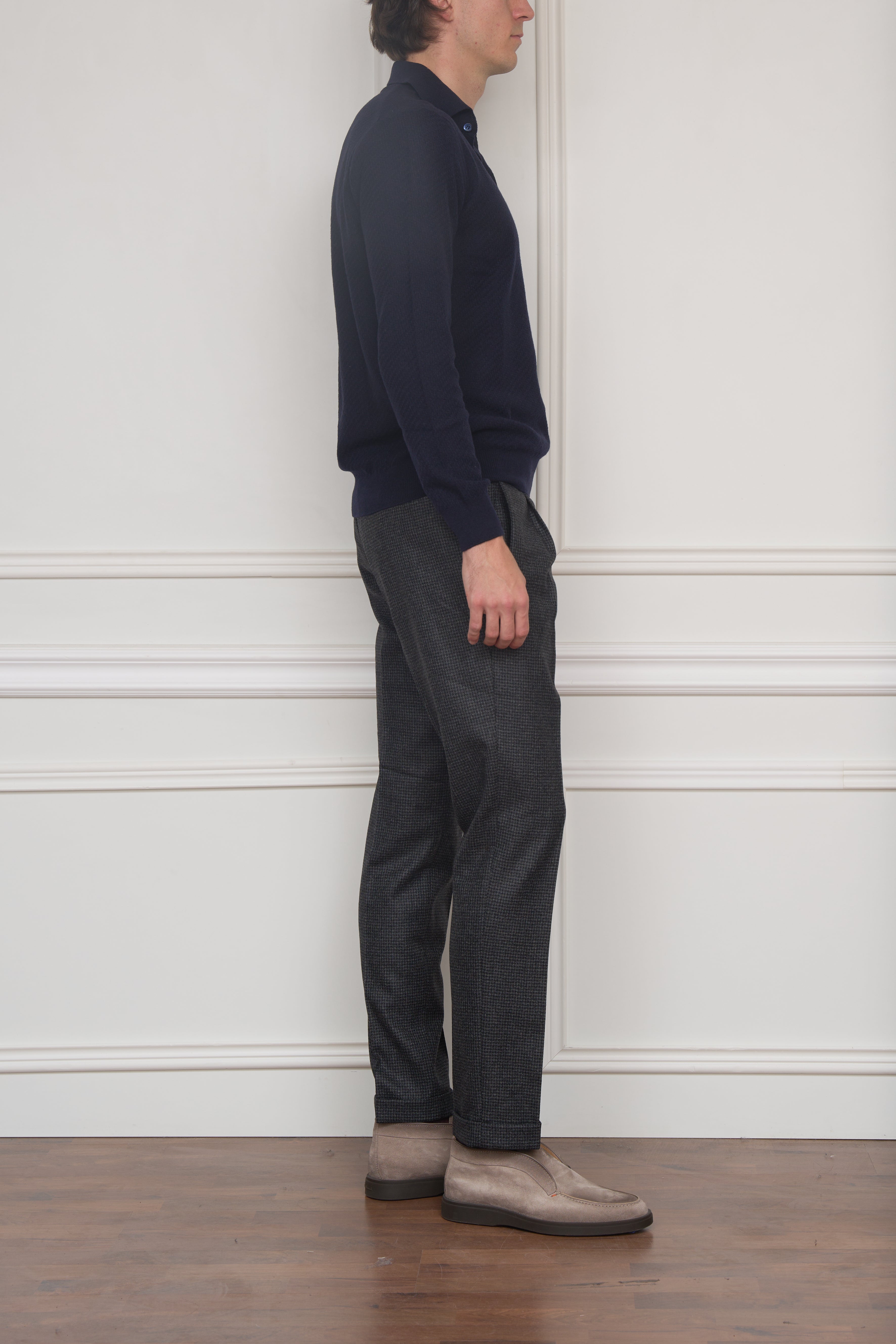 Merino Langarm-Polo in marine