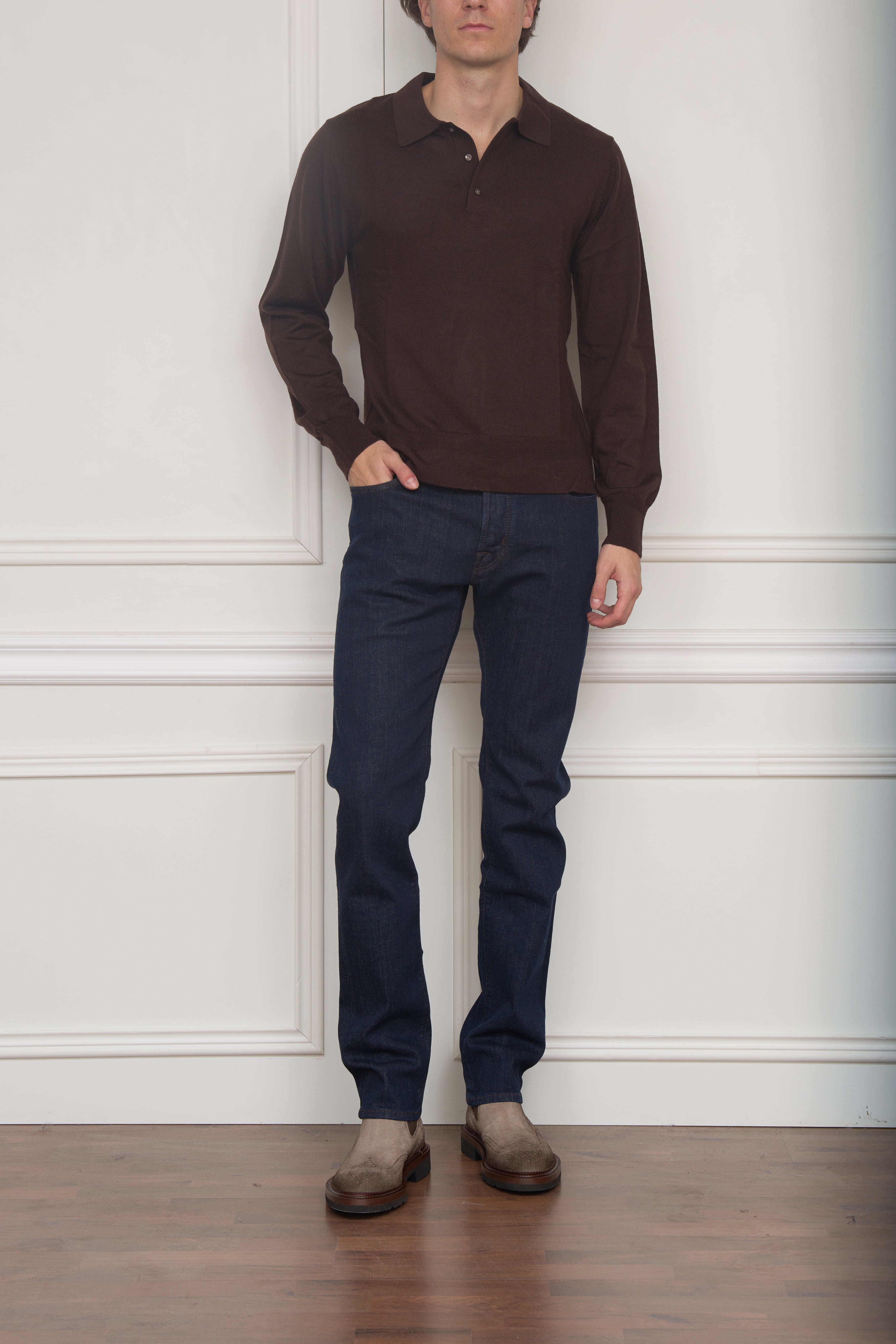 Langarm-Polo in braun