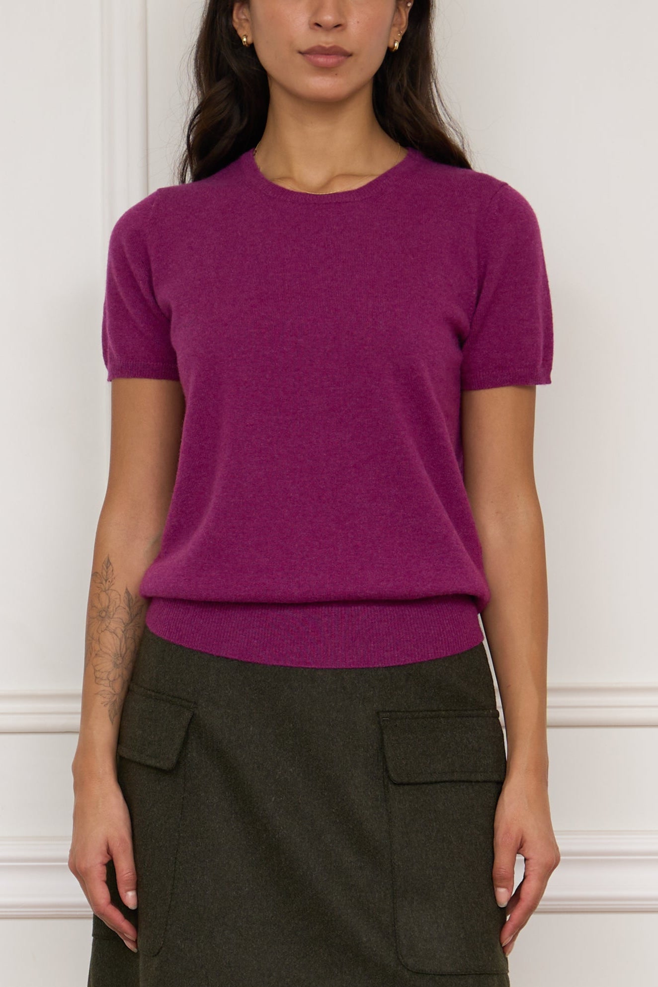 Kaschmir Kurzarm-Pullover in magenta