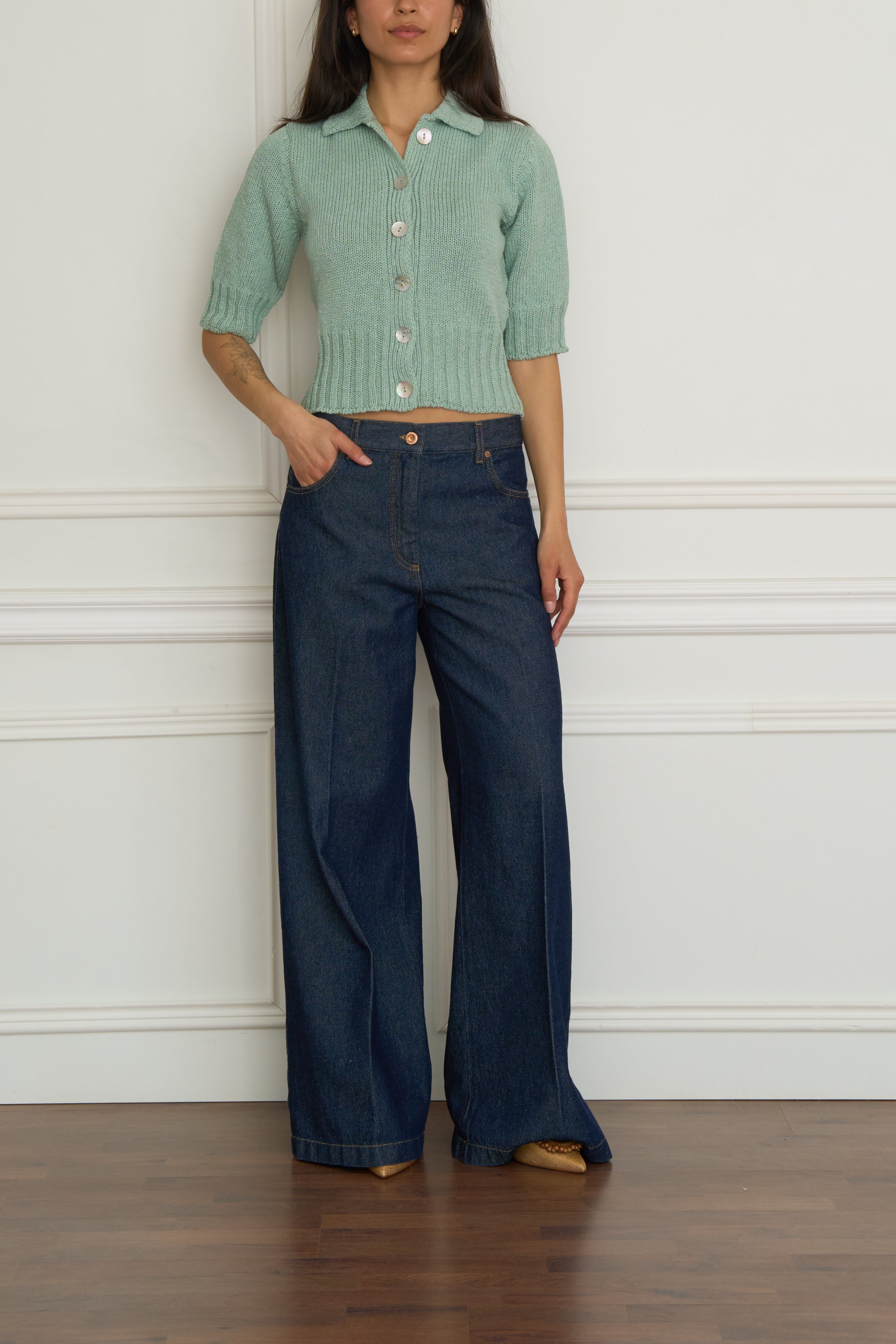 Kurzarm-Strickjacke in mint