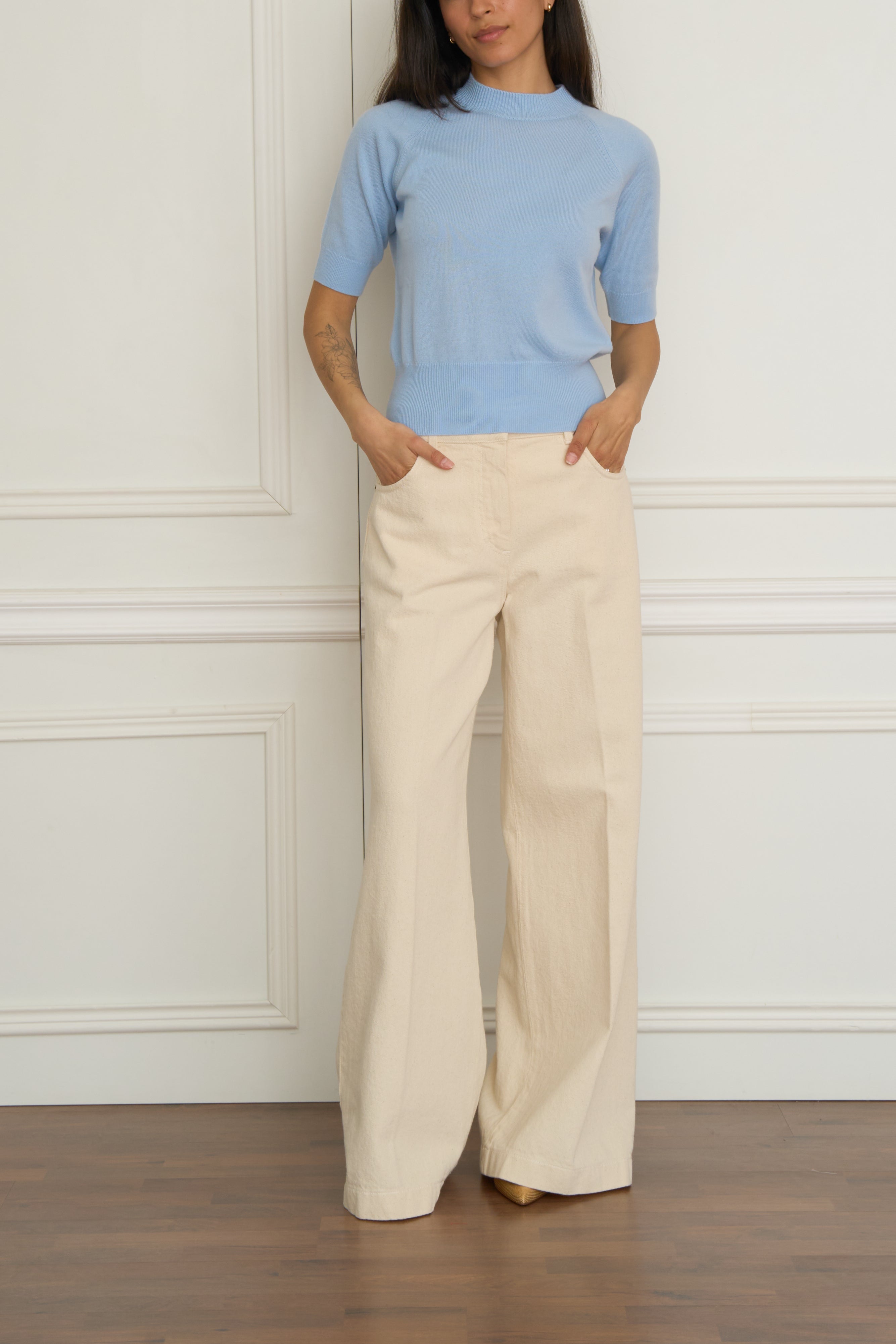 Kaschmir Kurzarmpullover in hellblau