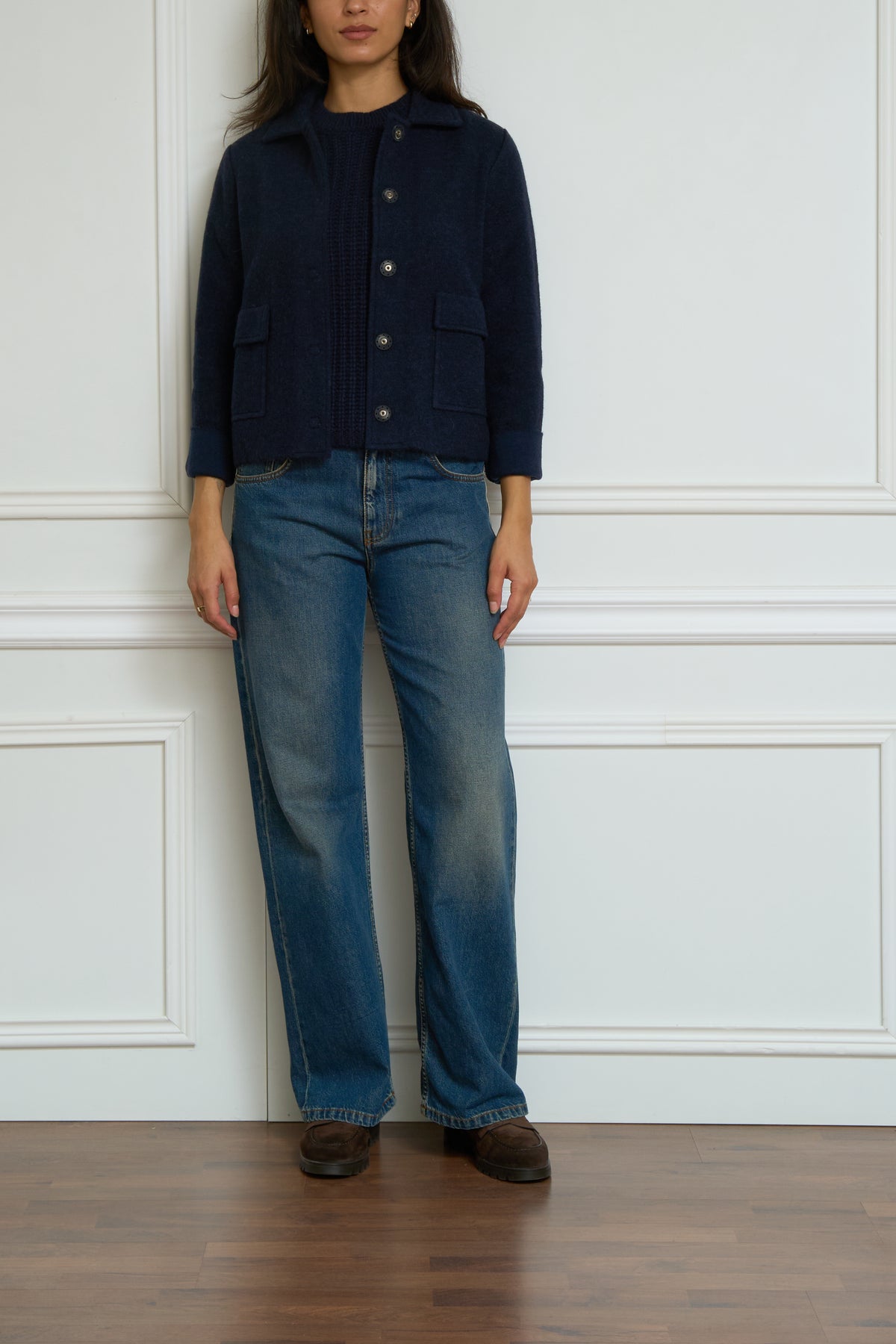 Navy Cardigan with Shirt Collar