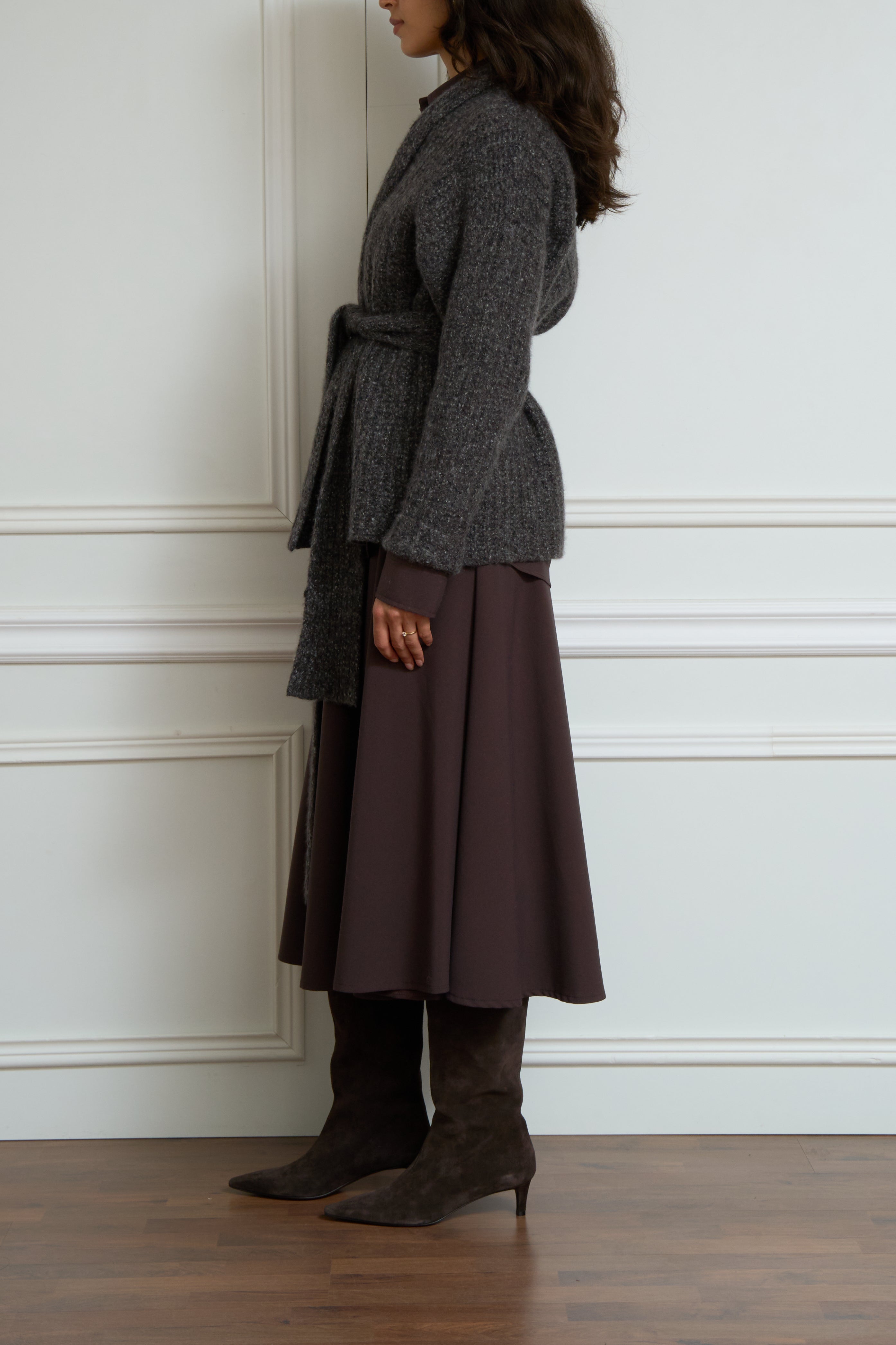 Wickelstrickjacke mit Bindegürtel in anthrazit