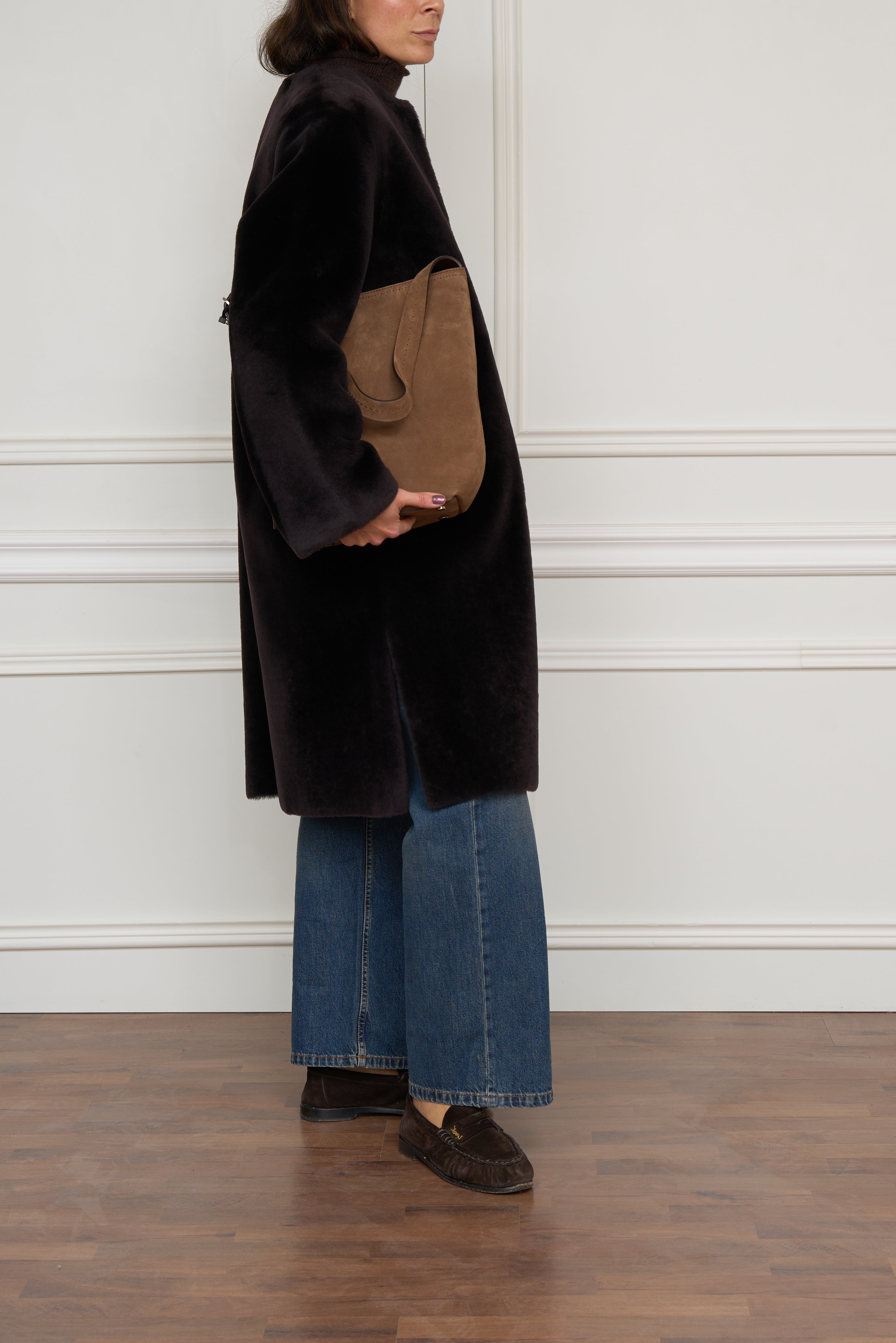 Wendemantel aus Lammfell und Leder in braun