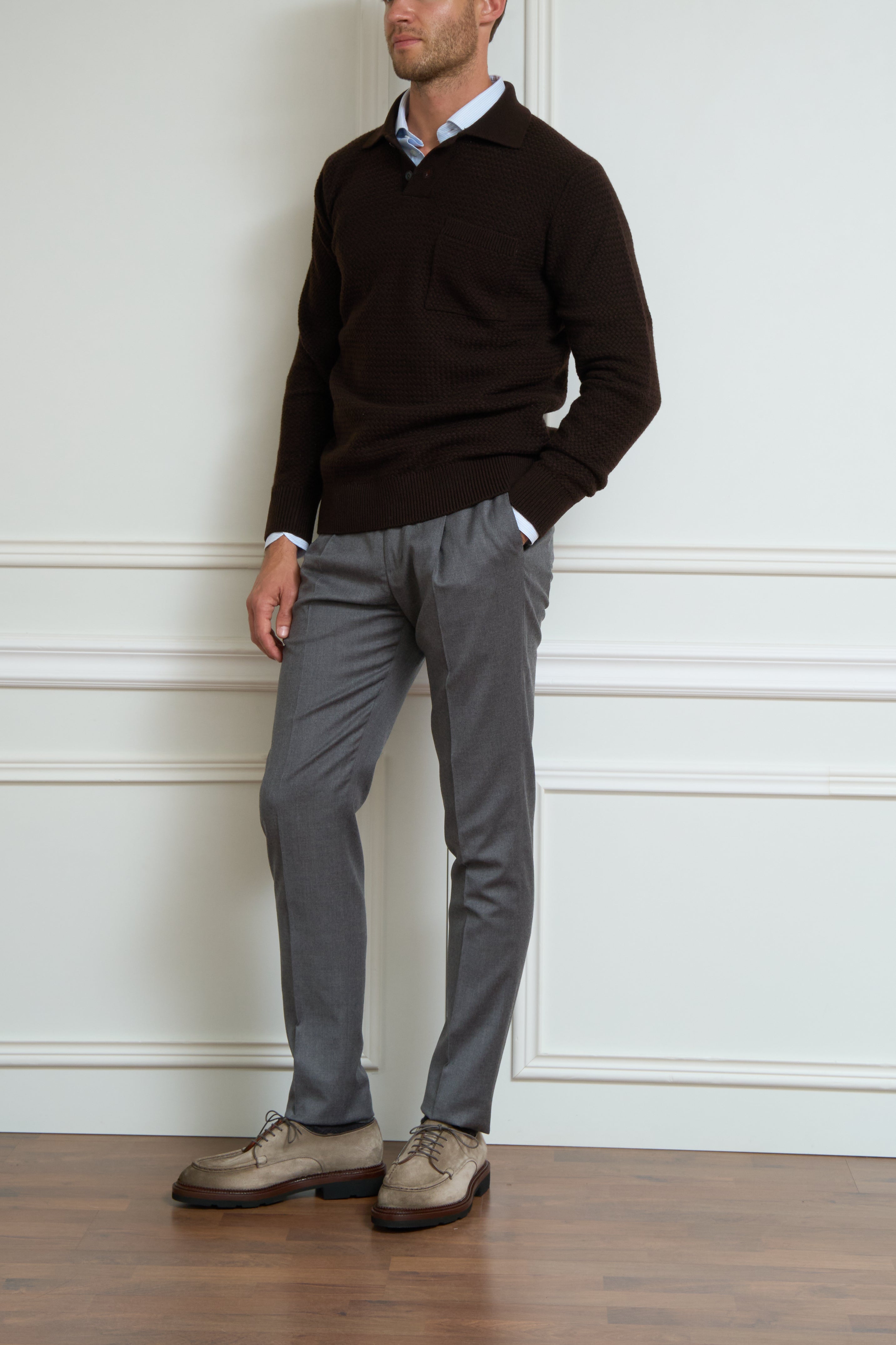 Long-sleeve polo shirt in brown