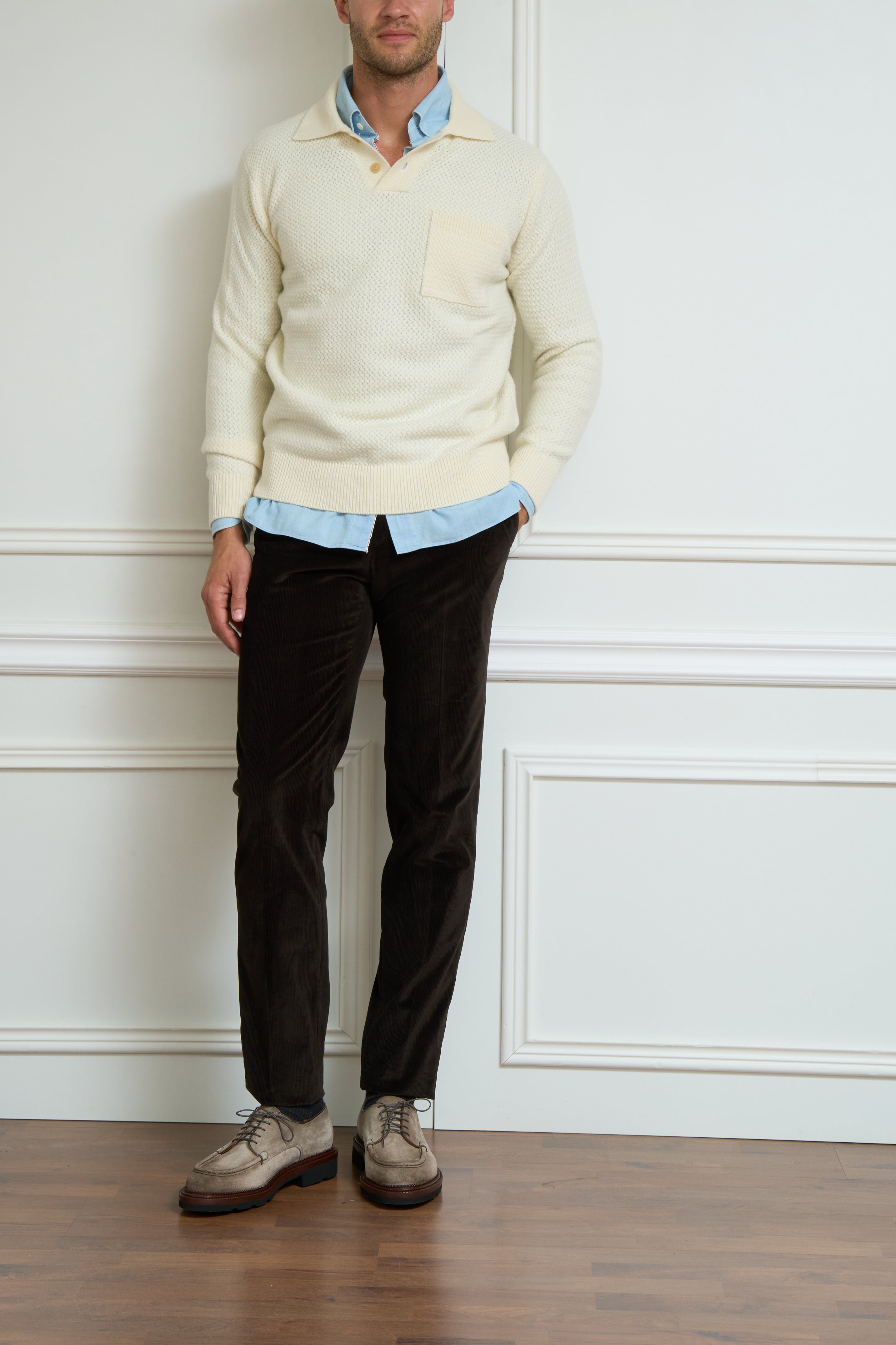 Long-sleeved polo shirt in cream