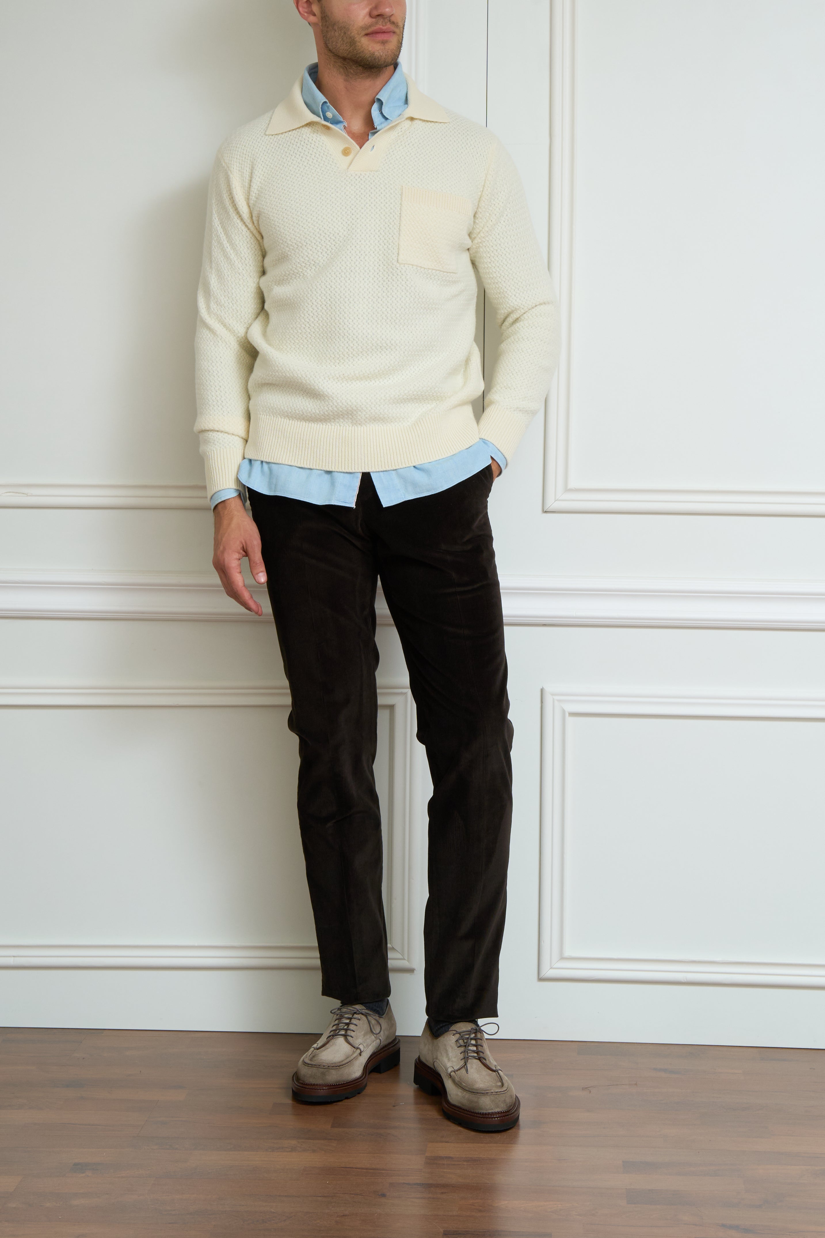 Long-sleeved polo shirt in cream