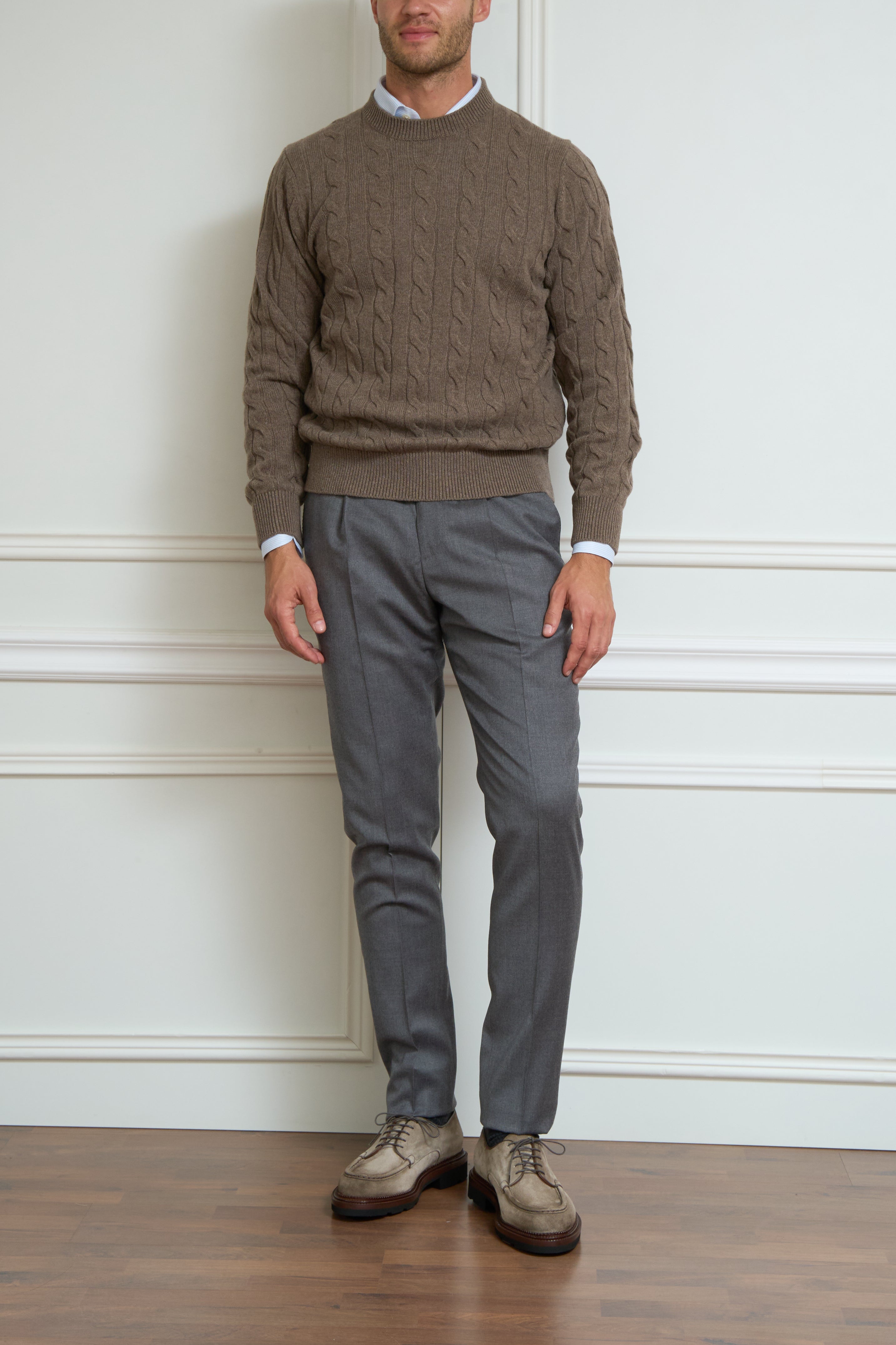 Braided cable knit sweater in taupe