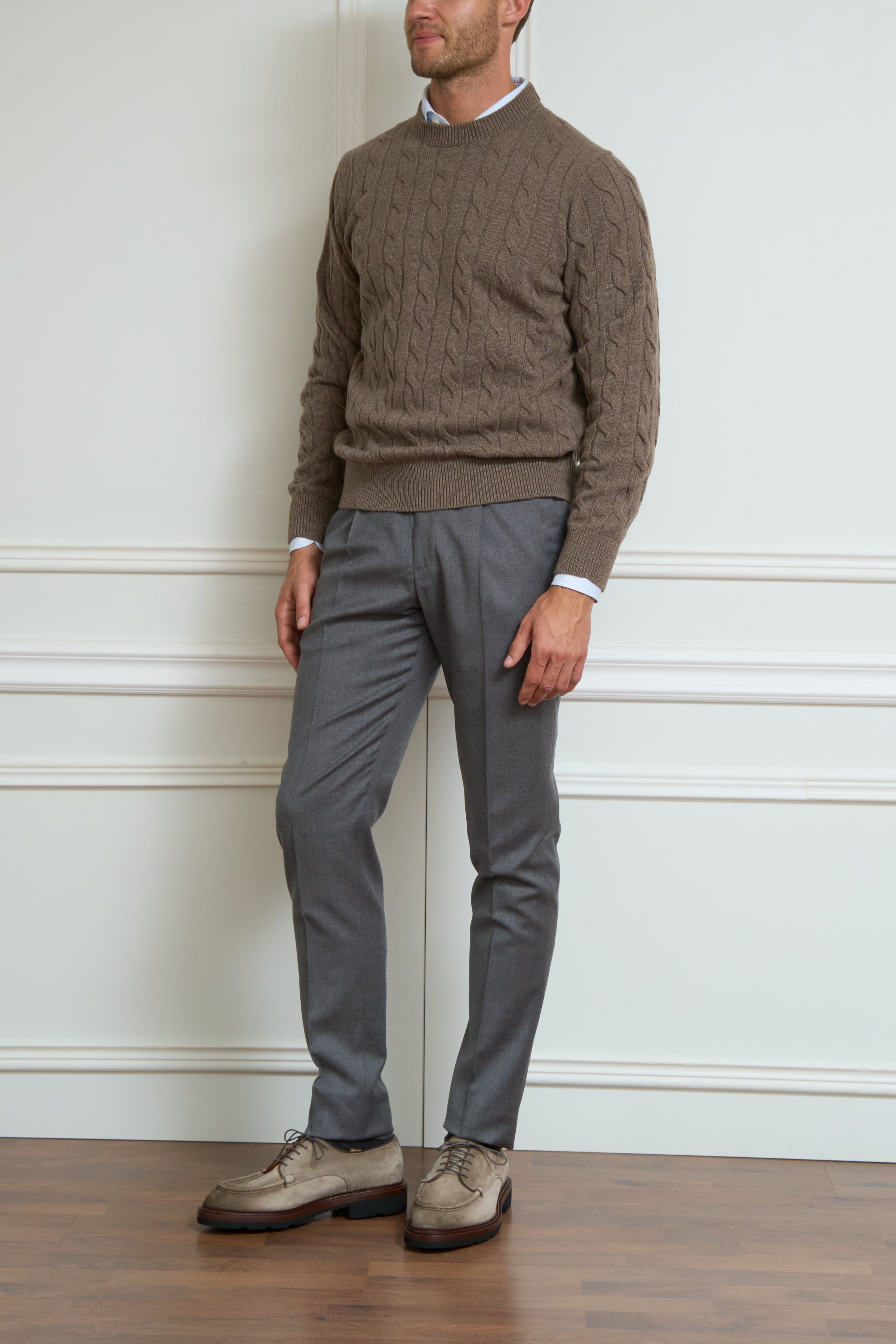 Braided cable knit sweater in taupe