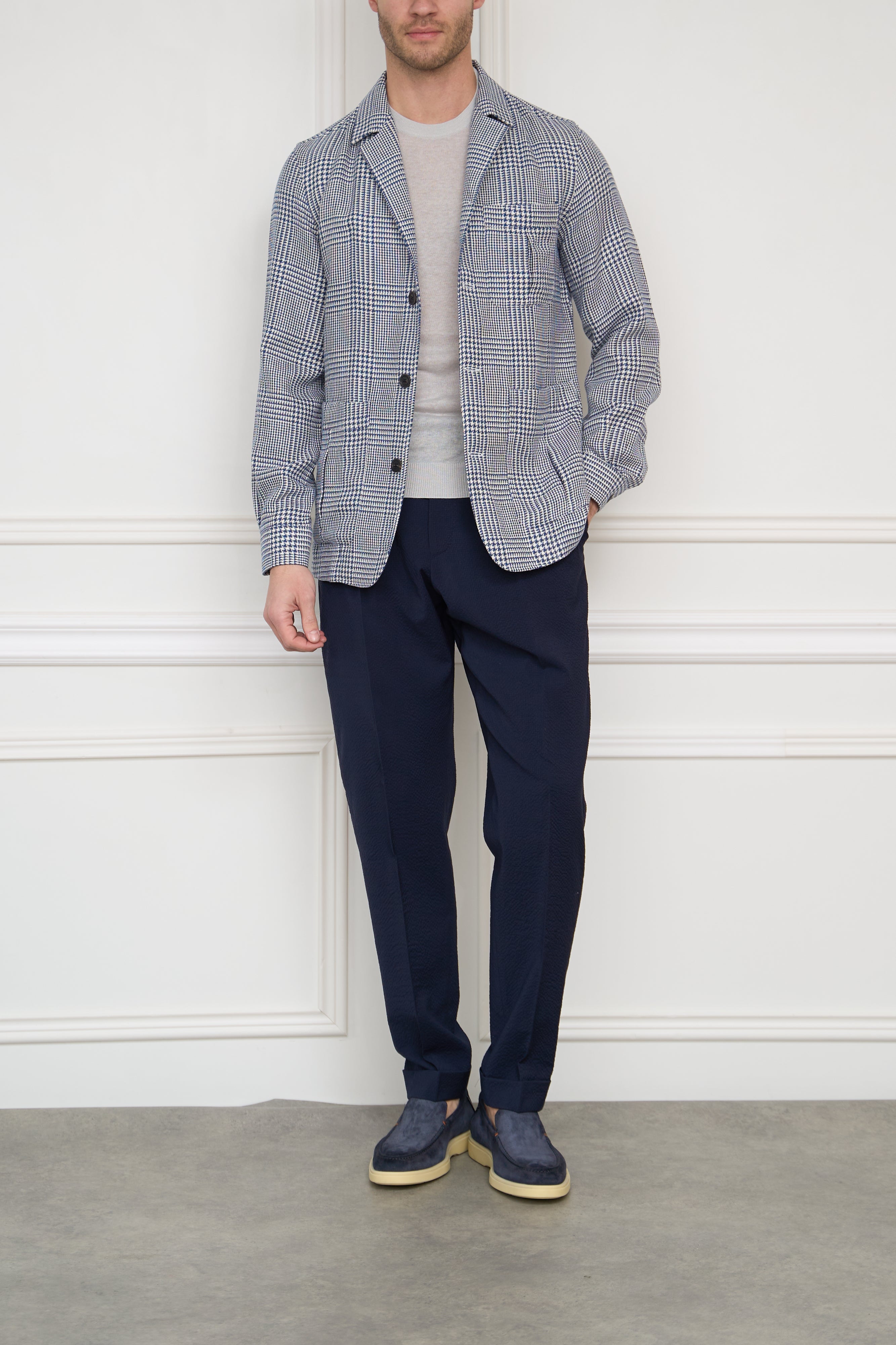 Leinen-Overjacket in blau-weiss kariert