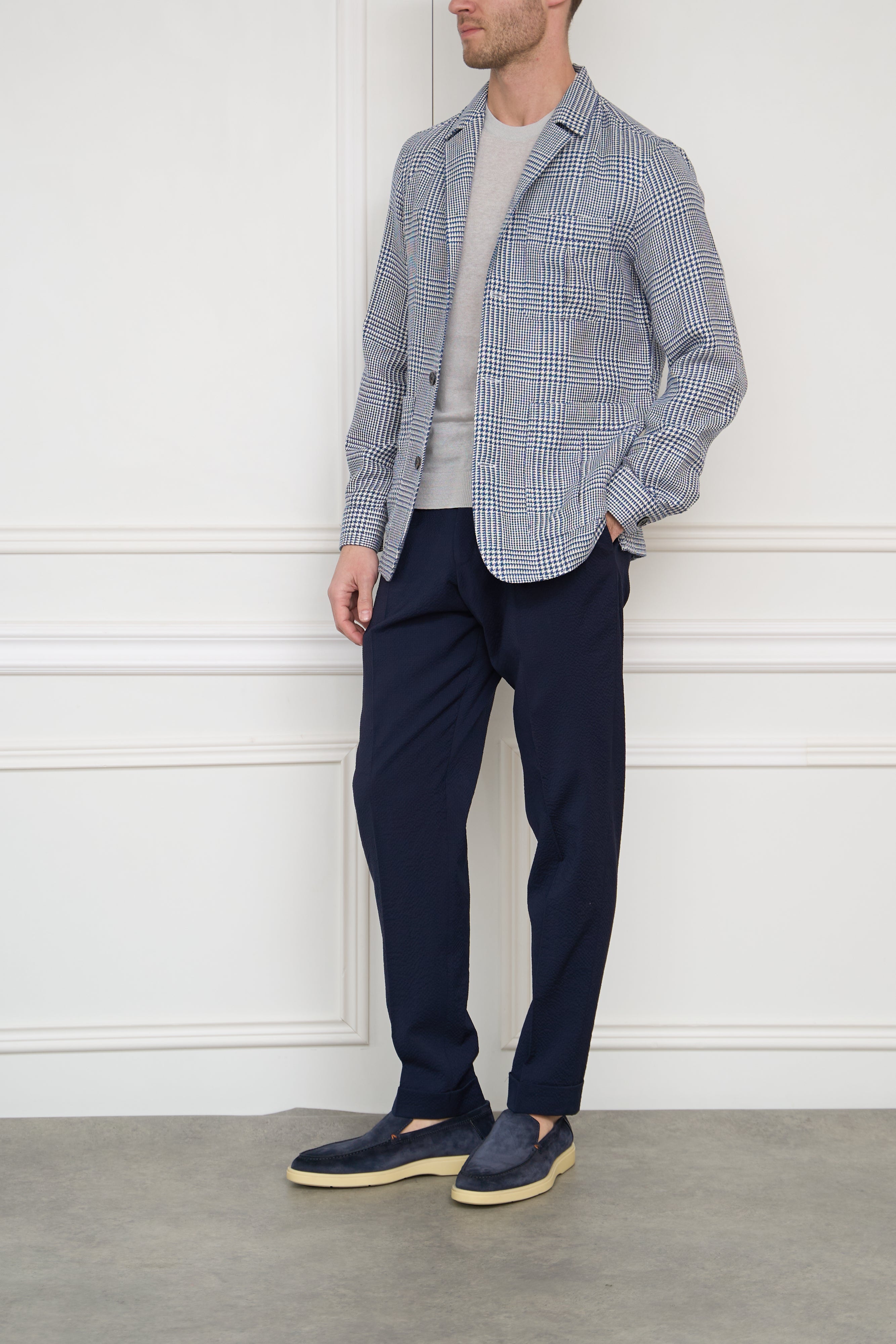 Leinen-Overjacket in blau-weiss kariert